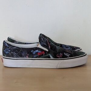 Vans Classic Slip On Hawaiian Flower Tropical Leaves Black Sneakers Men’s Sz 10